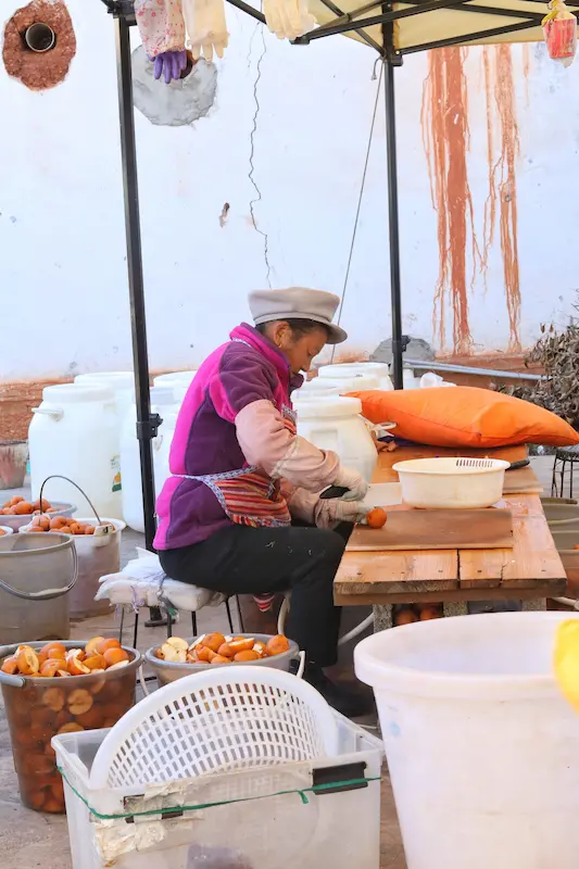 A Bai woman cutting pears harvested from ancient pear trees in Dali.
