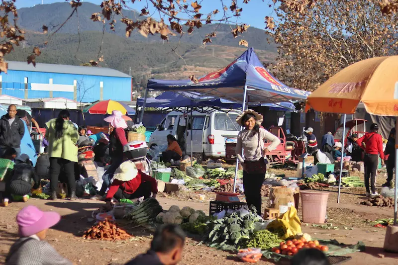 A Yunnan ethnic minority farmers’ market with mountains in the background