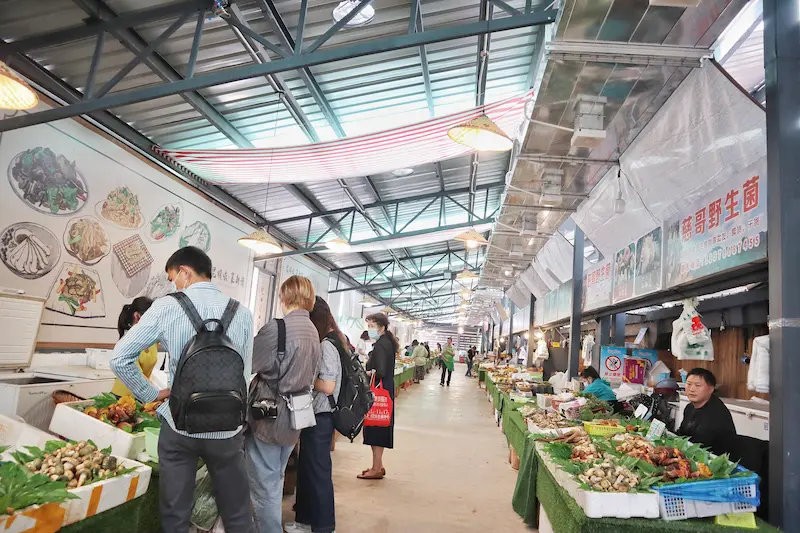 A group of guests exploring a local wild mushroom market in Yunnan.