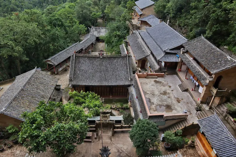 An overlook view of an ancient temple in Dali.