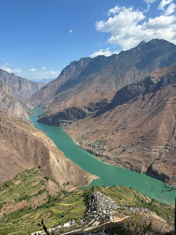 Sweeping view of the turquoise Jinsha River winding through the valley near Stone Village, Lijiang, Yunnan