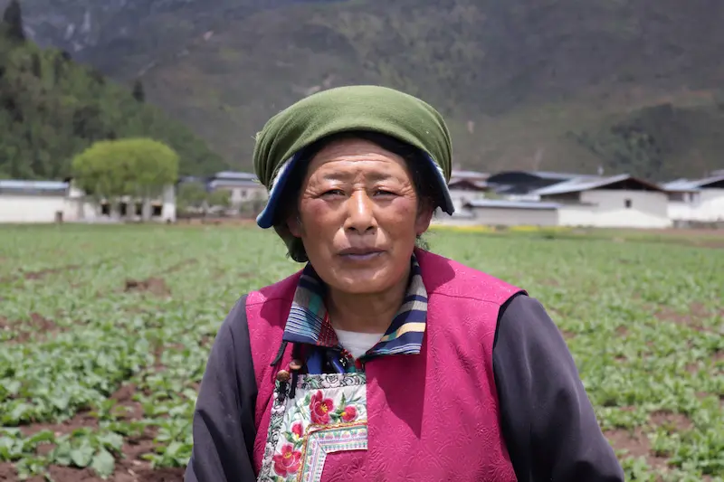 Tibetan woman in traditional dress standing in farmland near Shangri-La, Yunnan.