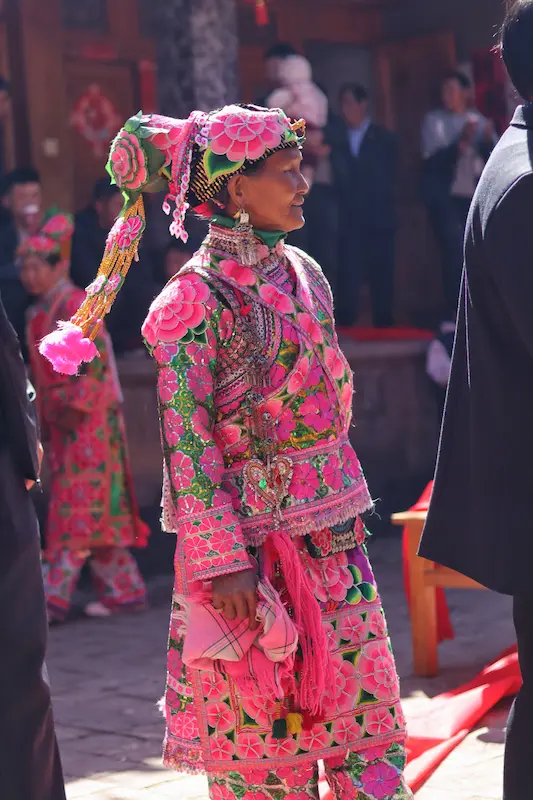 Yi woman in profile wearing elaborate pink floral embroidery and tasseled headdress at a wedding, Nanzhao descendant village, Dali, Yunnan