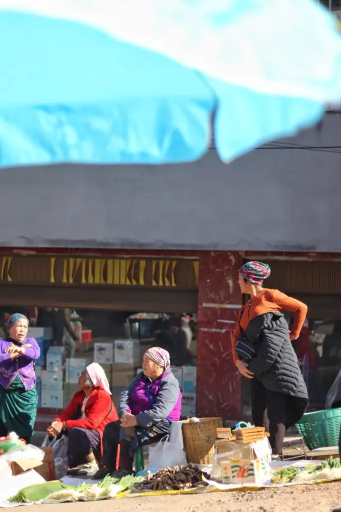 Vendors selling under umbrellas at a Menglian market, Yunnan