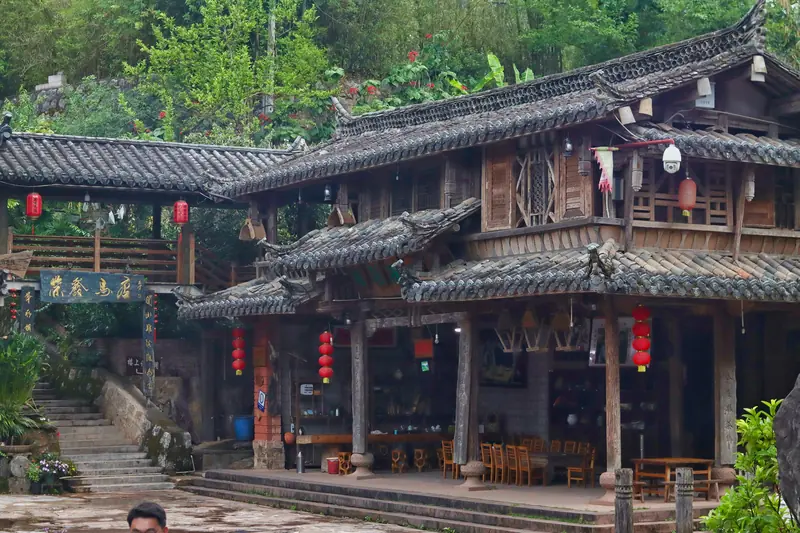 Traditional Yunnan architecture with red lanterns in an old town in Pu'er