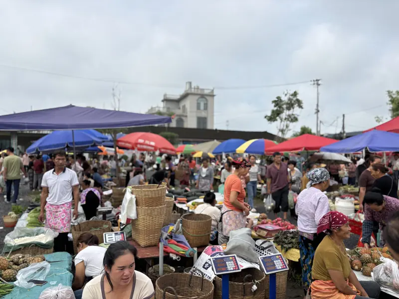 Crowds shopping under colorful umbrellas at a lively ethnic farmers' market in Yunnan