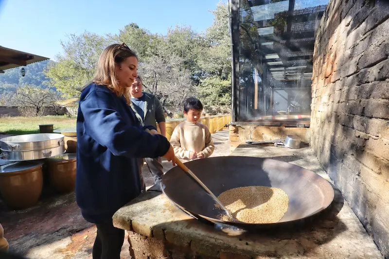 A Dutch guest roasting wheat in a large wok during a traditional soy sauce workshop alongside the soy sauce artisan and his son.