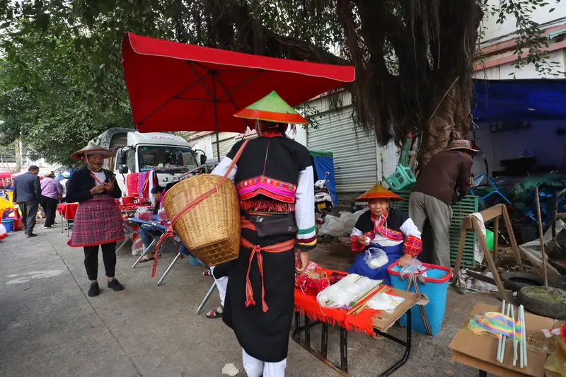 A Flowery-Waist Dai woman in traditional dress tends her stall at the Gasa market.