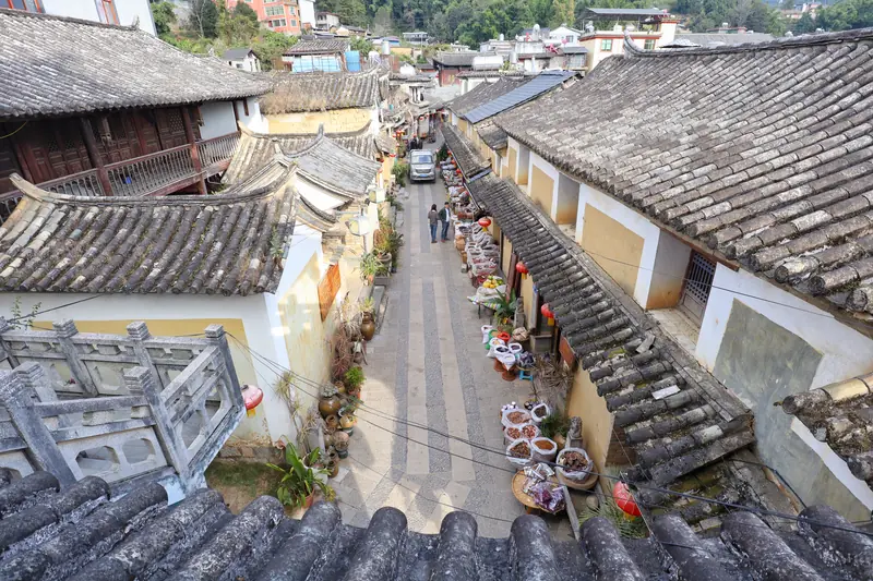 Tiled rooftops of the ancient Pu'er Tea Horse Road trading town.
