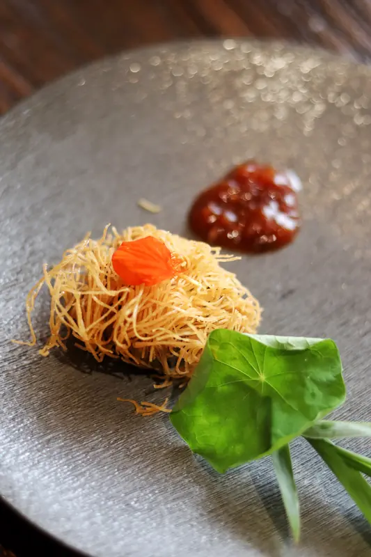 Crispy fried garnish with red sauce and greens, Yunnan vegan tasting menu