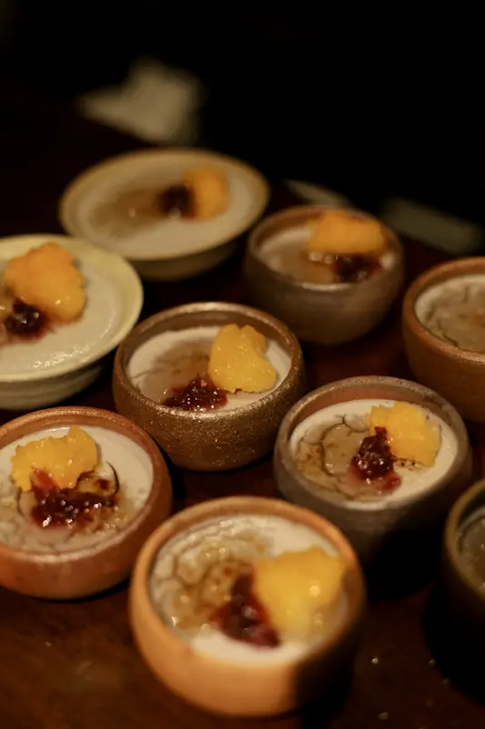 Row of small vegan dessert courses, Yunnan fine dining tasting menu