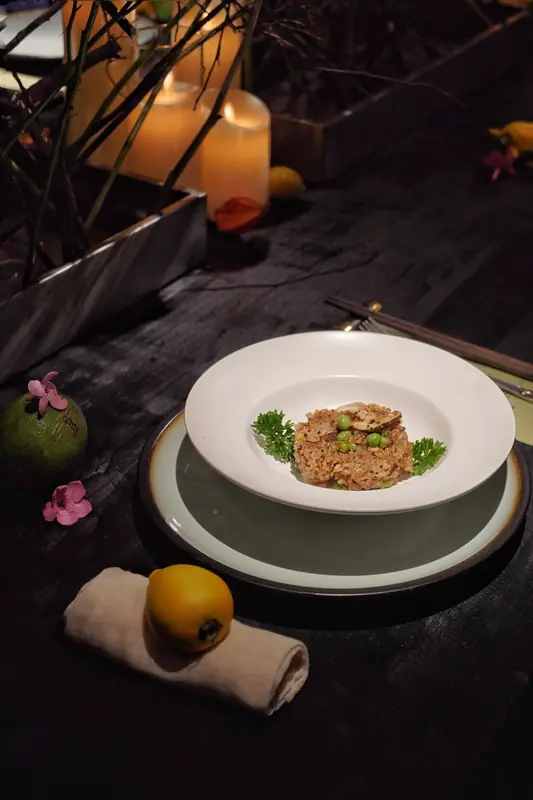 Plated grain course at a Yunnan vegan fine dining dinner