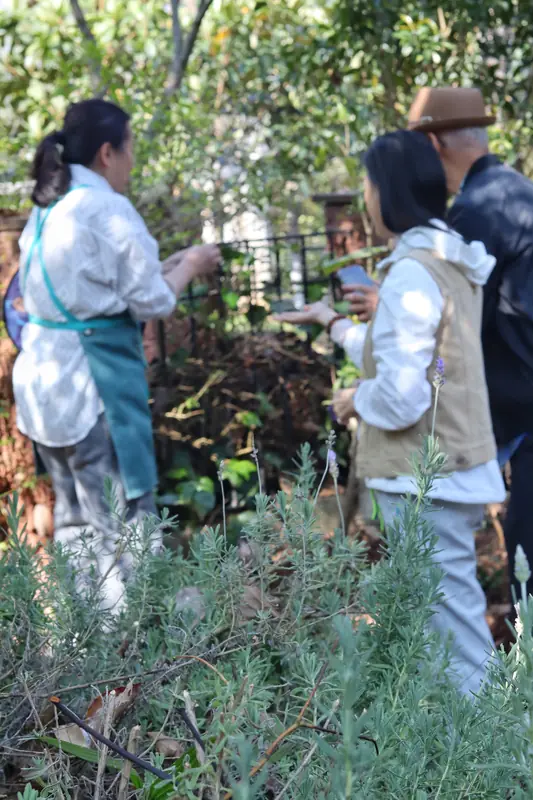 Visitors examining herb plants with a local grower in Yunnan