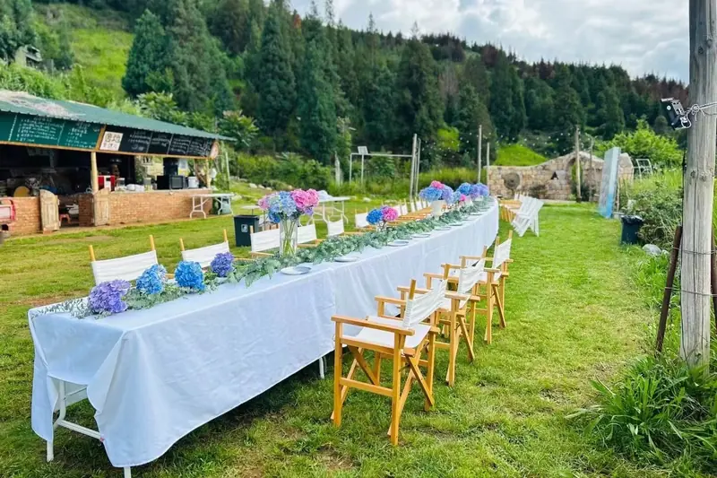 Long communal dinner table set on an organic farm at golden hour, Yunnan