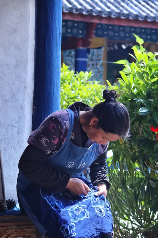 Wringing out freshly dyed indigo fabric outdoors, Yunnan