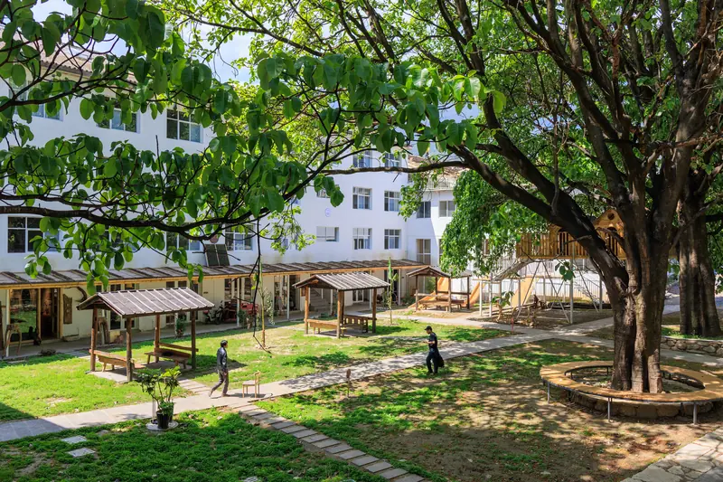 Shaded courtyard with trees at a Yunnan vegan community space